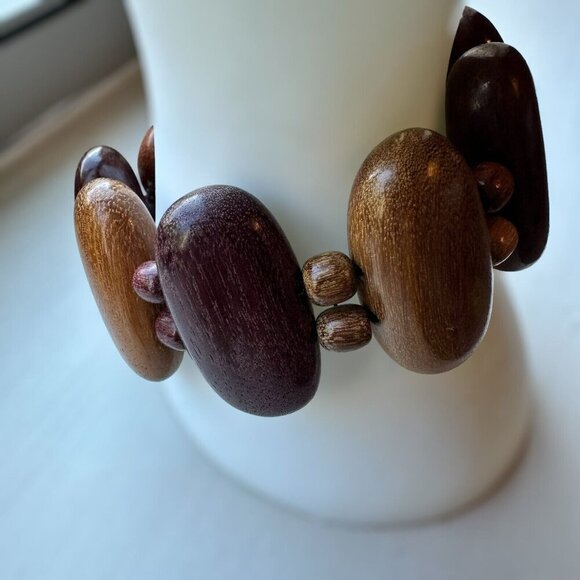 Vintage‎ Wooden Bracelet + Stud Earrings Round Oval Shape Boho Retro - Picture 4 of 11